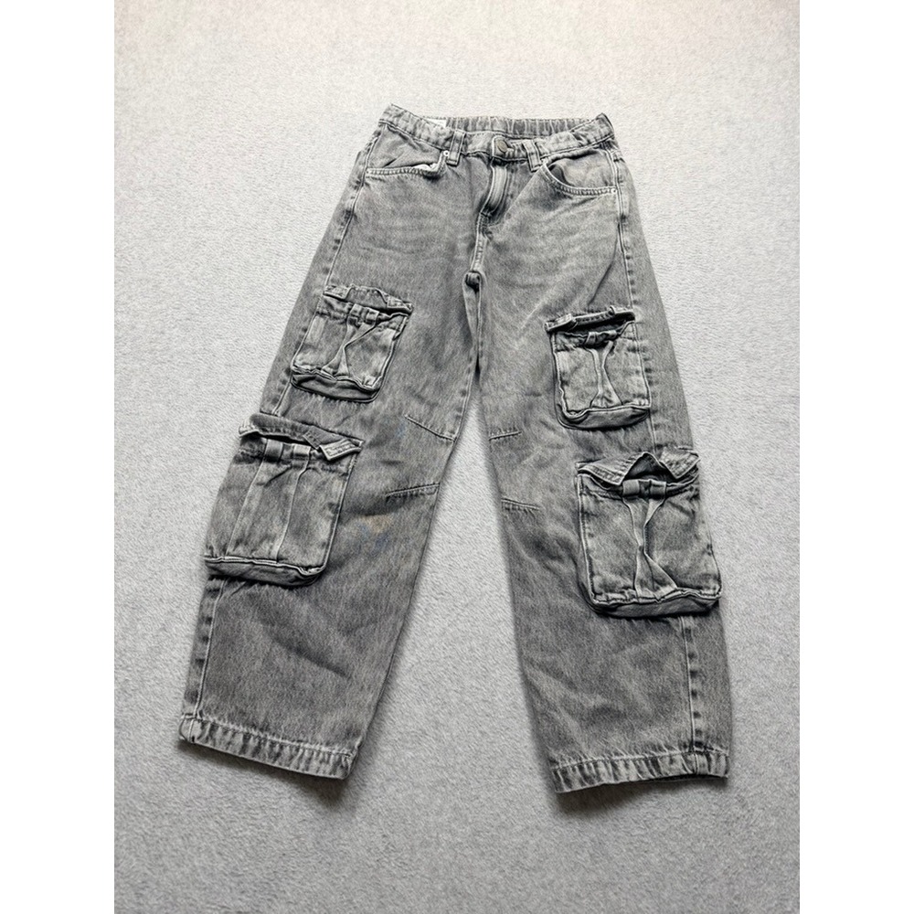 Grey Multi Pocket Cargo Jeans Wide Leg Utility Denim Pants Streetwear D-3-4